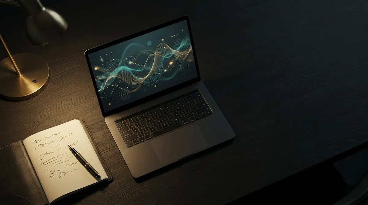 Een laptop met een goed gestructureerd artikel op het scherm, naast een notitieboek met handgeschreven editor-aantekeningen in goud. Beeld voor schone HTML en editorial discipline.